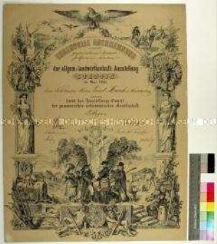 Urkunde der pommerschen ökonomischen Gesellschaft anlässlich der Verleihung der großen silbernen Medaille auf der landwirtschaftlichen Ausstellung in Stettin an die Firma Ernst March und Söhne