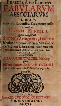 Phaedri, Avg. Liberti Fabvlarvm Aesopiarvm Libri V.