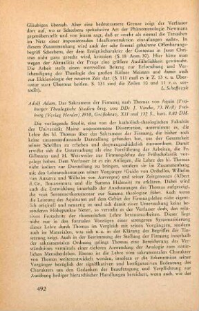 492-493 [Rezension] Adam, Adolf, Das Sakrament der Firmung nach Thomas von Aquin