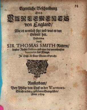 Eigentliche Beschreibung des Parlements von England