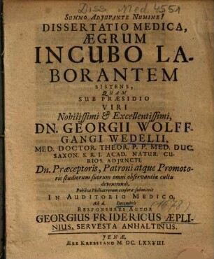 Dissertatio Medica, Aegrum Incubo Laborantem Sistens
