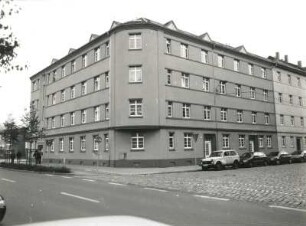 Dresden-Pieschen, Wurzener Straße 21. Wohnanlage (um 1925). Ansicht mit Fassade Braunschweiger Strasse 14/12