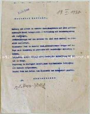 Maschinenschriftliche Zusammenstellung von Nachrichten über die Lage in verschiedenen Städten nach dem Kapp-Putsch