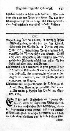 XVI. Abhandlung über die Evidenz in metaphysischen Wissenschaften.
