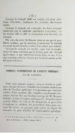 Formules fondamentales de l'analyse sphérique.