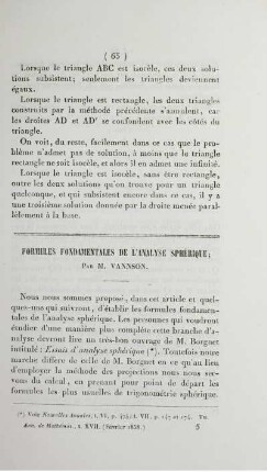 Formules fondamentales de l'analyse sphérique.