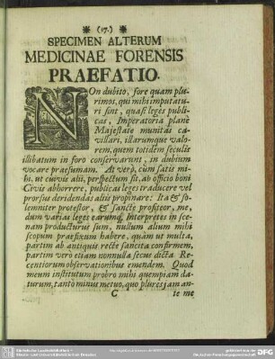 Specimen Alterum Medicinae Forensis