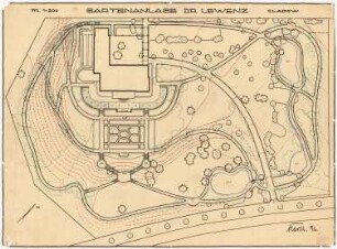 Garten Dr. Lewenz, Berlin-Kladow: Grundriss der geplanten Gartenanlage mit nachträglichen Korrekturen 1:200, Maßstabsleiste