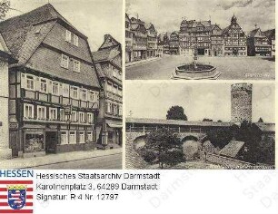 Butzbach, Gasthaus Werb (Inhaber: Friedrich Schmidt) / Außenansicht und Marktplatz sowie Wehrgang mit Hexenturm