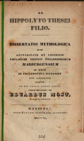 De Hippolyto, Thesei filio : Diss. mythol. (pro gradu philos.)
