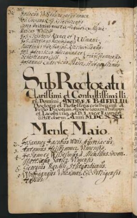 Sommerhalbjahr 1621. Rektorat Andreas Bayer