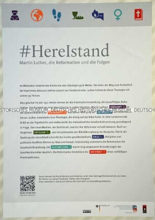 Plakat der konfektionierten Wanderausstellung "Here I stand - Martin Luther, die Reformation und die Folgen"