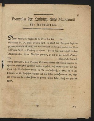 Formular der Quittung eines Mandatarii für Auswärtige