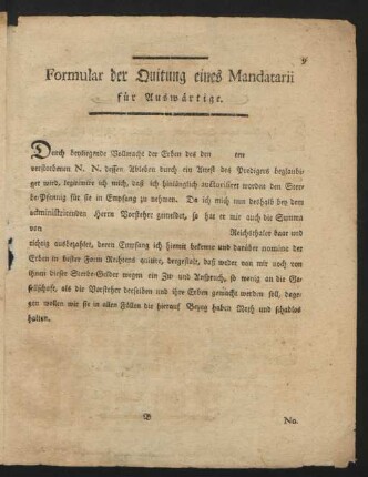 Formular der Quittung eines Mandatarii für Auswärtige