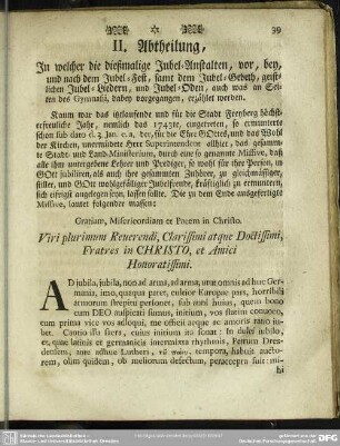 II. Abtheilung, In welcher die dießmalige Jubel-Anstalten, vor, bey, und nach dem Jubel-Fest, samt dem Jubel-Gebeth, geistlichen Jubel-Liedern, und Jubel-Oden, auch was an Seiten des Gymnasii, dabey vorgegangen, erzählet werden