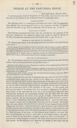 Debate at the East-India House : East-India House, Dec. 21. 1842 ; A quarterly General Court of Proprietors of East-India Stock was held this day, pursuant to the terms of the Charter of the Company's House in Leadenhall Street. ...