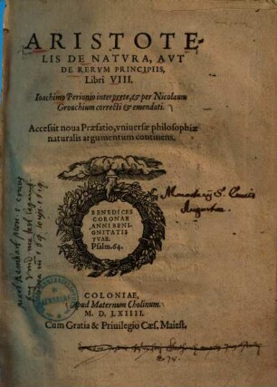 Aristotelis De natura, aut de rerum principiis, libri VIII. : accessit nova praefatio, universae philosophiae naturalis argumentum continens