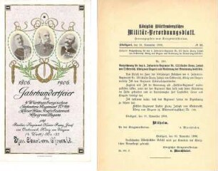 Ehrenkarte(?) zur Jahrhundert-Feier des IR 122, ausgestellt für Oberst von Osswald