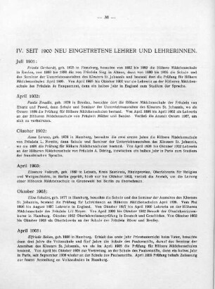 IV. Seit 1900 neu eingetretene Lehrer und Lehrerinnen.