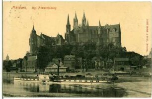 Meißen. Albrechtsburg mit Elbe und Dampfer Aussig