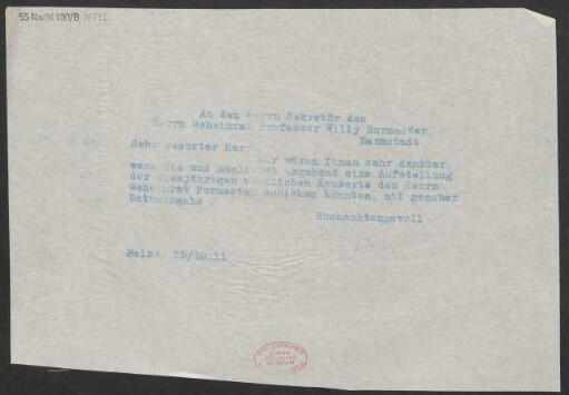 Brief an Willy Burmester : 25.10.1911