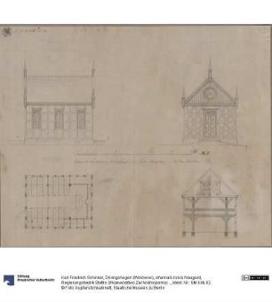 Döringshagen (Wołowiec), ehemals Kreis Naugard, Regierungsbezirk Stettin (Województwo Zachodniopomorskie). Entwurf zu einer Kirche. Grundriss, Ansichten und Querschnitt