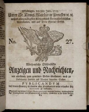 No. 27. Montags, den 2ten Julii, 1753.