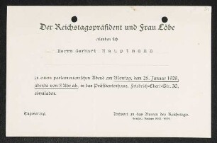 Brief von Paul Löbe von Reichspräsident Deutsches Reich Deutschland an Gerhart Hauptmann