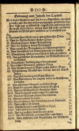 Ordnung und Inhalt der Capitel.