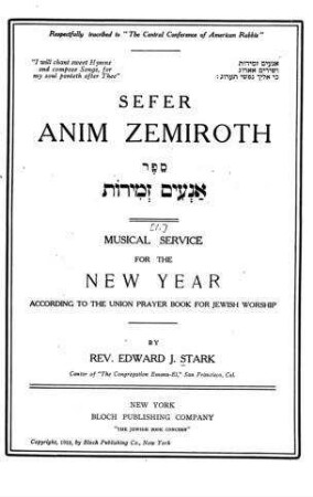 Musical service for the New Year : according to the union prayer book for jewish worship / by Edward J. Stark