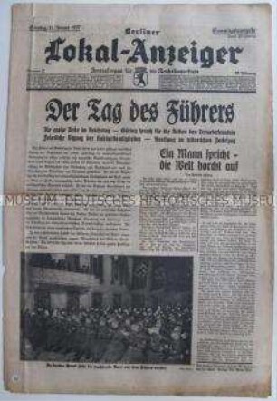 Tageszeitung "Berliner Lokal-Anzeiger" zur Reichstagsrede Hitlers anlässlich des Jahrestages der Regierungsübernahme