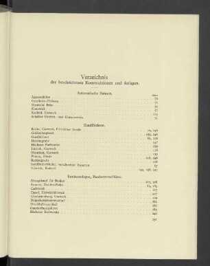 Verzeichnis der beschriebenen Konstruktionen und Anlagen