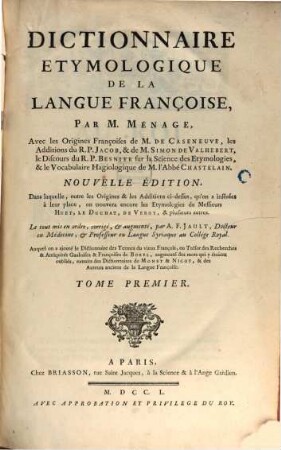 Dictionnaire Etymologique De La Langue Françoise, Tome Premier