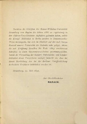 Verzeichniss der an der Kaiser-Wilhelms-Universität Straßburg vom Sommer-Semester 1872 bis Ende 1884 erschienenen Schriften