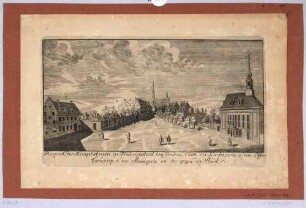Dresden-Friedrichstadt, Blick in die Friedrichstraße nach Südosten, rechts die evangelische Matthäuskirche, links das alte Ostravorwerk, die Menagerie und Bildmitte die Katholische Hofkirche