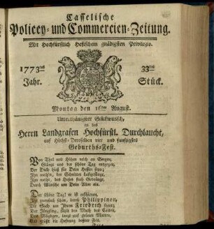 33tes Stueck, Montag den 16ten August 1773