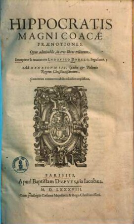 Hippocratis magni Coacae praenotiones : opus admirabile, in 3 libros tributum