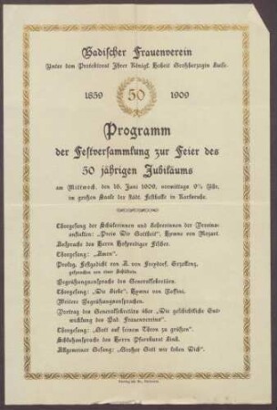 Programm der Festveranstaltung zur Feier des 50-jährigen Jubiläums des Badischen Frauenvereins