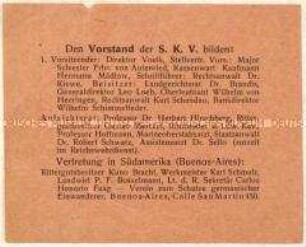 Handzettel mit den Vorstandsmitgliedern der Südamerikanischen Kolonial-Vereinigung