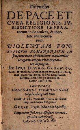Discursus de pace, et cura religionis