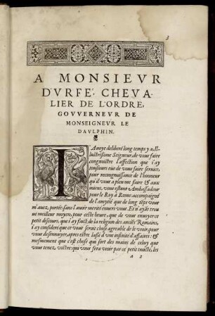 A Monsieur D´Urfe´, Chevalier de L´ordre, Gouverneur de Monseigneur le Daulphin.