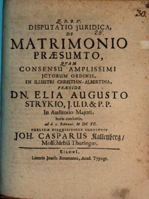 Disp. iur. de matrimonio praesumto