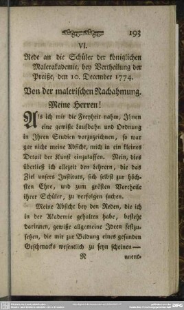 VI. Rede an die Schüler der königlichen Malerakademie, bey Vertheilung der Preiße, den 10. December 1774. Von der malerischen Nachahmung