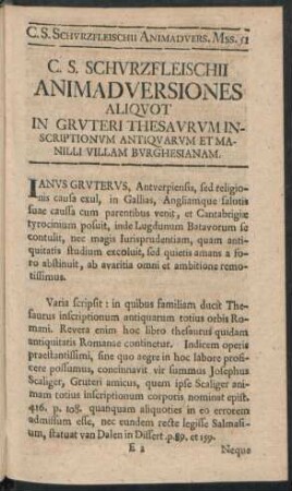 C. S. Schurzfleischii Animadversiones Aliquot In Gruteri Thesaurum Inscriptionum Antiquarum Et Manilli Villam Burghesianam