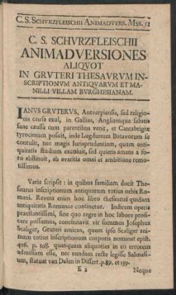 C. S. Schurzfleischii Animadversiones Aliquot In Gruteri Thesaurum Inscriptionum Antiquarum Et Manilli Villam Burghesianam
