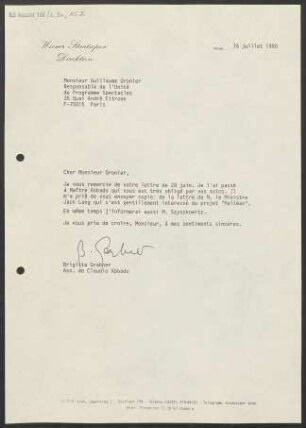 Brief an Guillaume Gronier an La Sept (Körperschaft), 16.07.1990