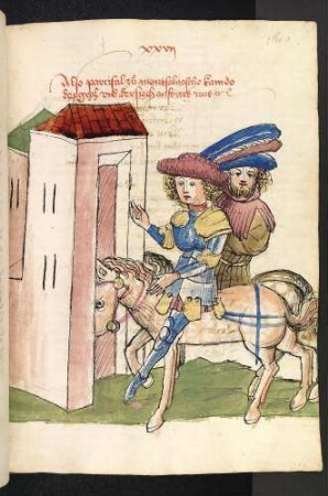 Parzival mit einem Begleiter vor der Gralsburg