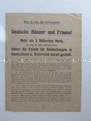 Propagandaflugblatt aus dem 1. Weltkrieg über Bestechungsversuche der deutschen Kriegsgegner
