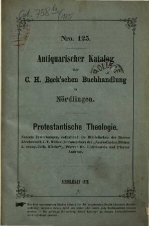 Antiquarischer Katalog der C. H. Beck'schen Buchhandlung in Nördlingen, 125. 1876