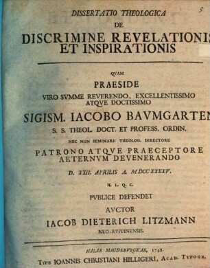 Dissertatio Theologica De Discrimine Revelationis Et Inspirationis